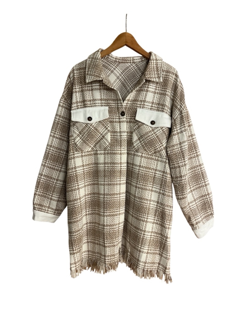 Plaid Fringe Hem Shacket Jacket - Cream and Brown